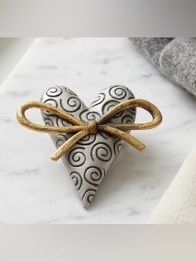 "Vintage JJ Jonette Pewter & Gold Tone Swirl Heart Bow Brooch Pin"